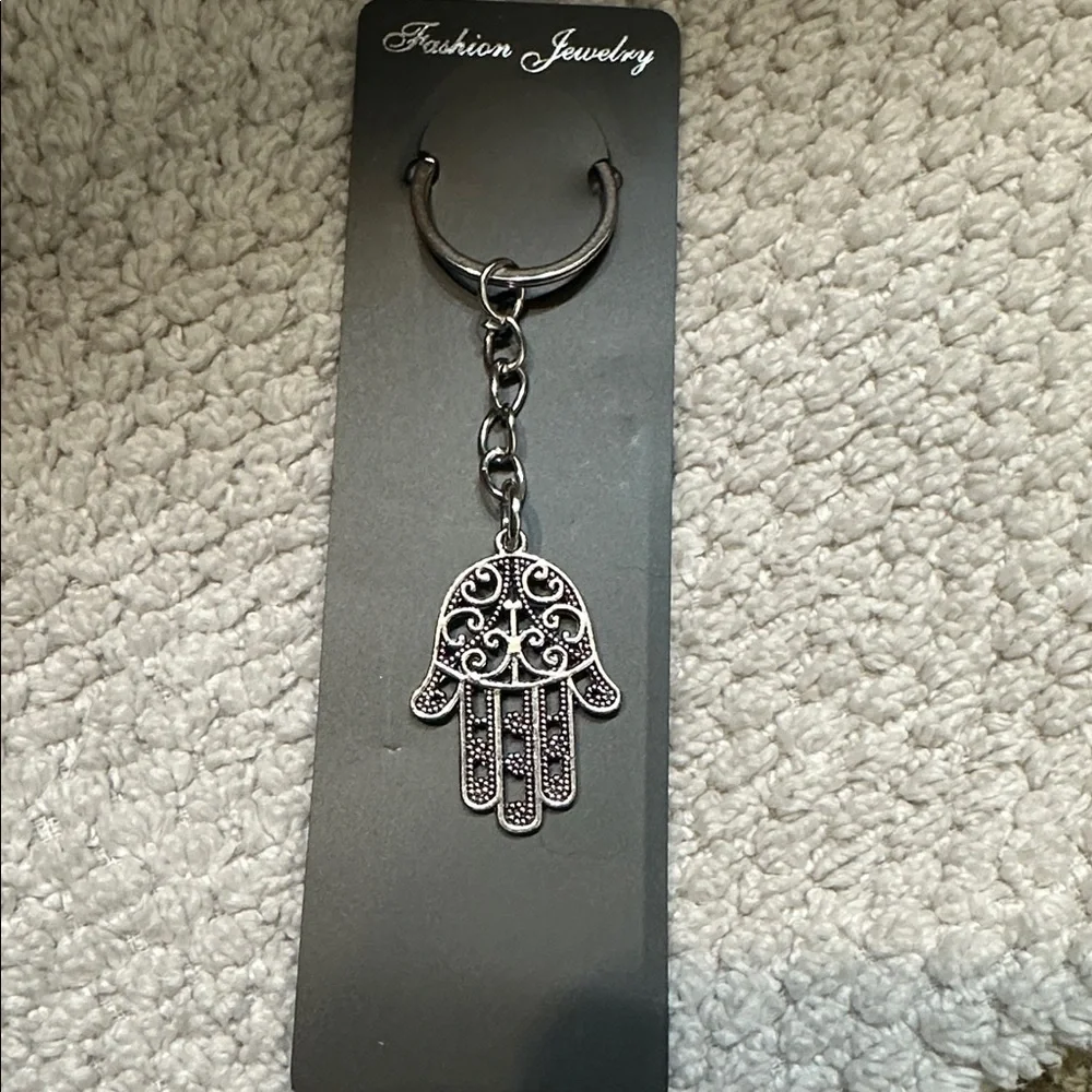 Hamsa hand keychain bag charm silver intricate metal dangling